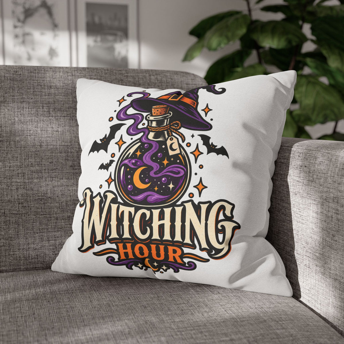 Witching Hour Square Pillowcase – Halloween Potion Witch Hat Throw Pillow Cover