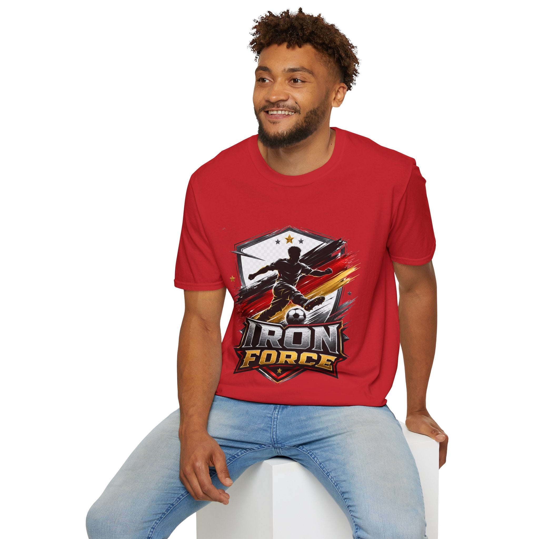Germany Soccer 'Iron Force' Graphic T-Shirt — Player Silhouette with Red & Gold Brushstroke Emblem