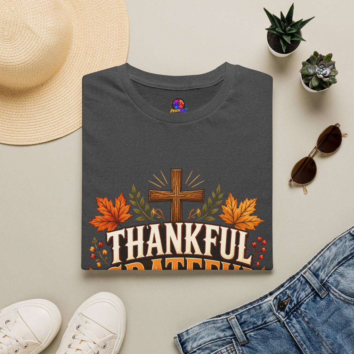 Thanksgiving T-Shirt Thankful Grateful Blessed T-Shirt — Fall Thanksgiving Christian Tee