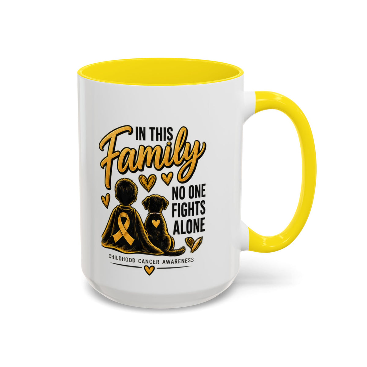 Childhood Cancer Awareness Coffee Mug — "In This Family No One Fights Alone"