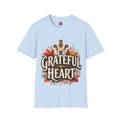 Grateful Heart T-Shirt — Christian Cross & Autumn Leaves Thanksgiving Tee