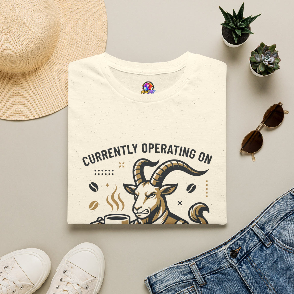 Capricorn T-Shirt — "Currently Operating on Caffeine and Spite" Zodiac Goat Tee