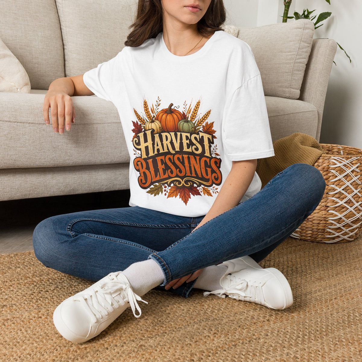 Thanksgiving T-Shirt Harvest Blessings T-Shirt — Fall Pumpkin & Wheat Autumn Tee