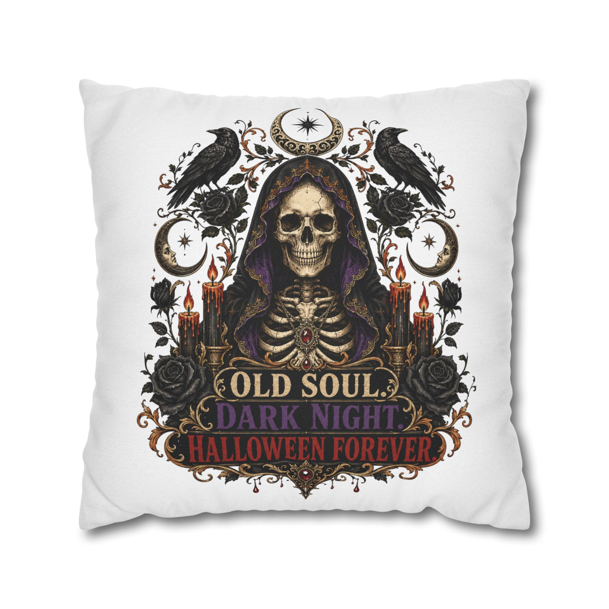 Halloween Skull Pillowcase — "Old Soul Dark Night" Spun Polyester Square Pillow