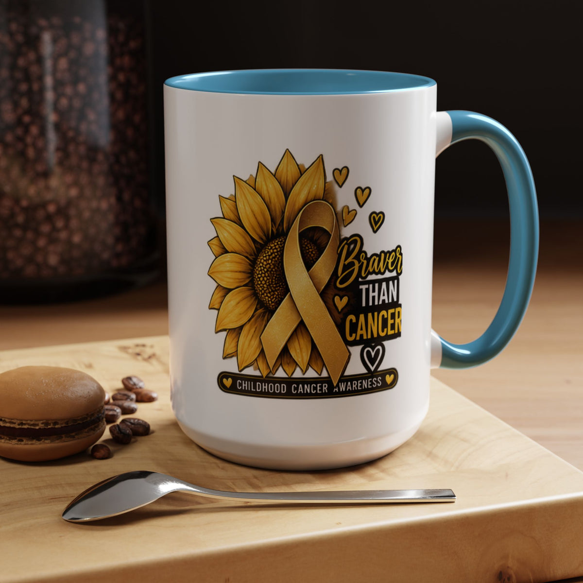 Childhood Cancer Awareness Mug — "Braver Than Cancer" Sunflower & Gold Ribbon