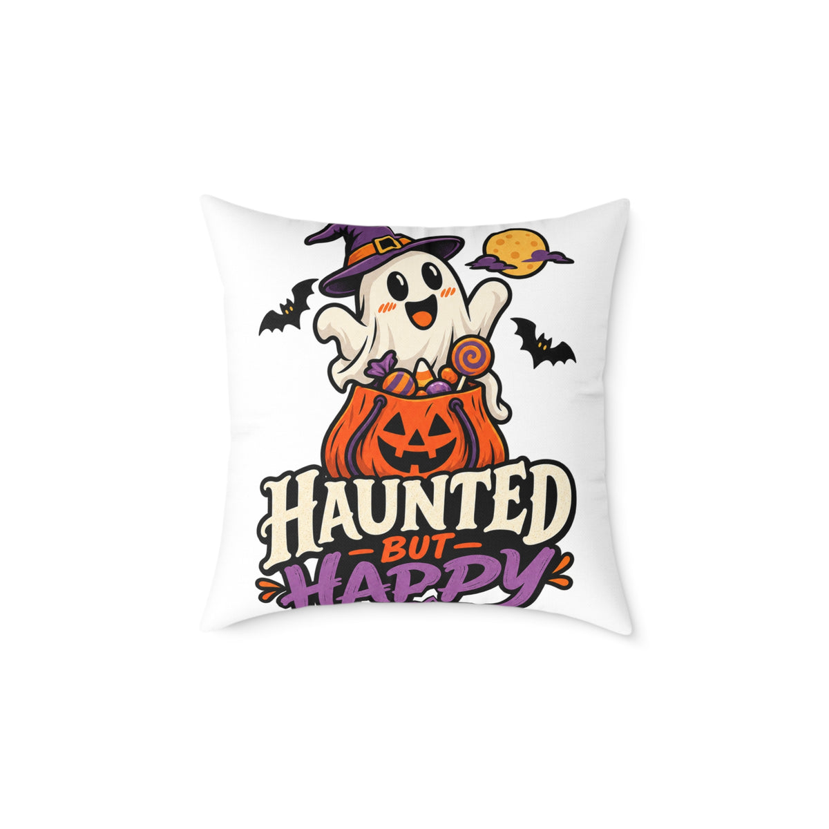 Halloween Ghost Pumpkin Pillow — "Haunted But Happy" Square Throw Pillow