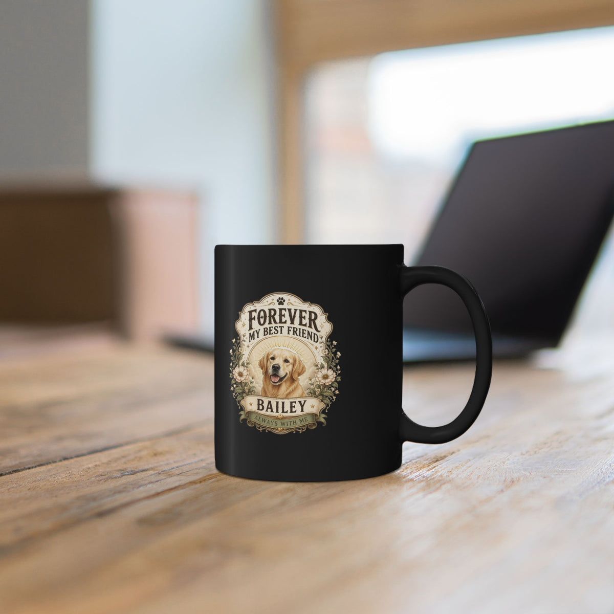 Milo Bailey Dog Dad Mom Forever My Best Friend Personalized Dog Photo Mug — Black Coffee Mug