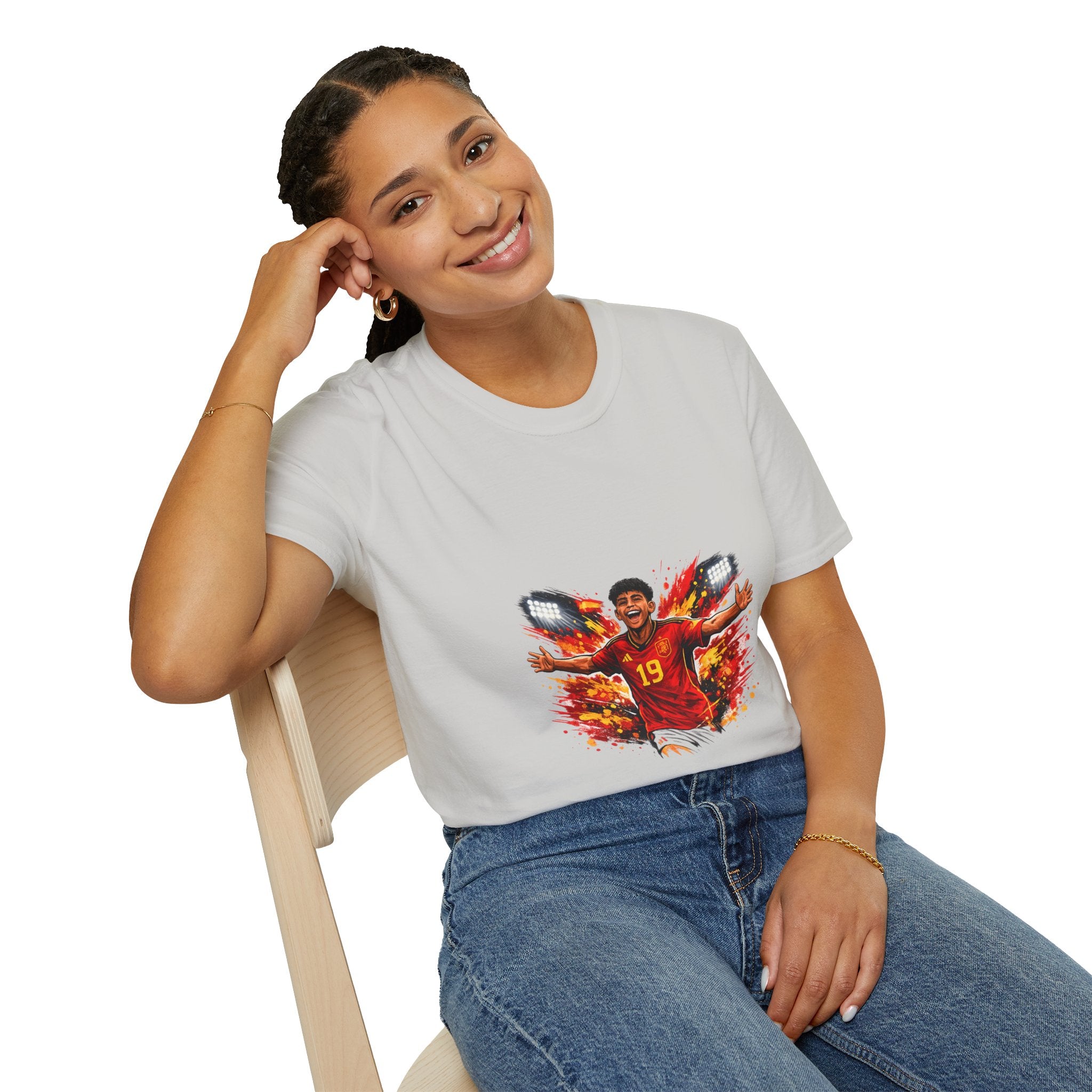 Spain Soccer Fan Portrait T‑Shirt – Fiery Goal Celebration Design