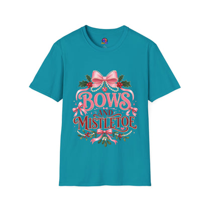 Bows and Mistletoe T-Shirt — Pink Holiday Bow Christmas Tee