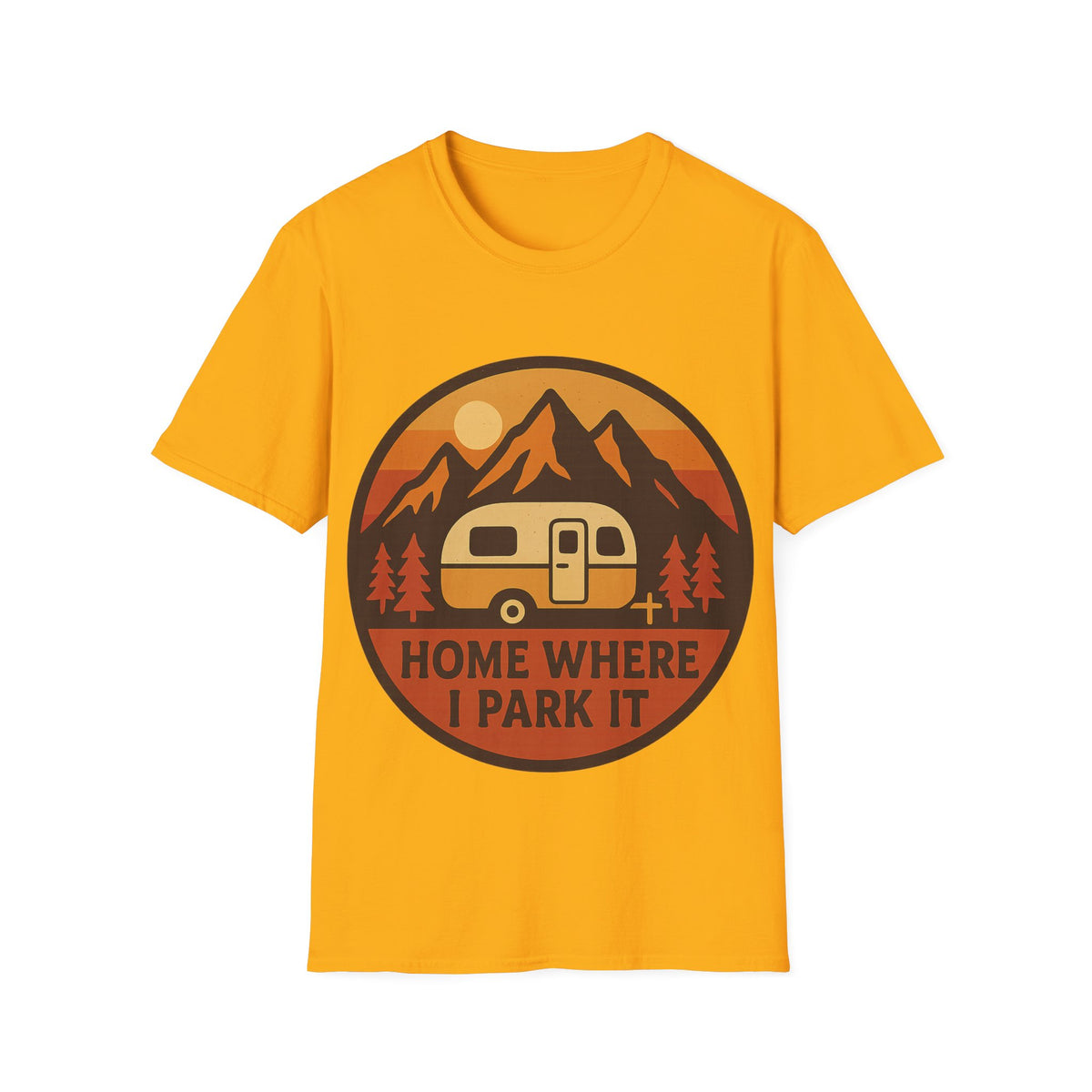 "Home Where I Park It" Vintage Camper Van Graphic Tee - Retro Sunset Mountain White T-Shirt - Trending Now - September 2026