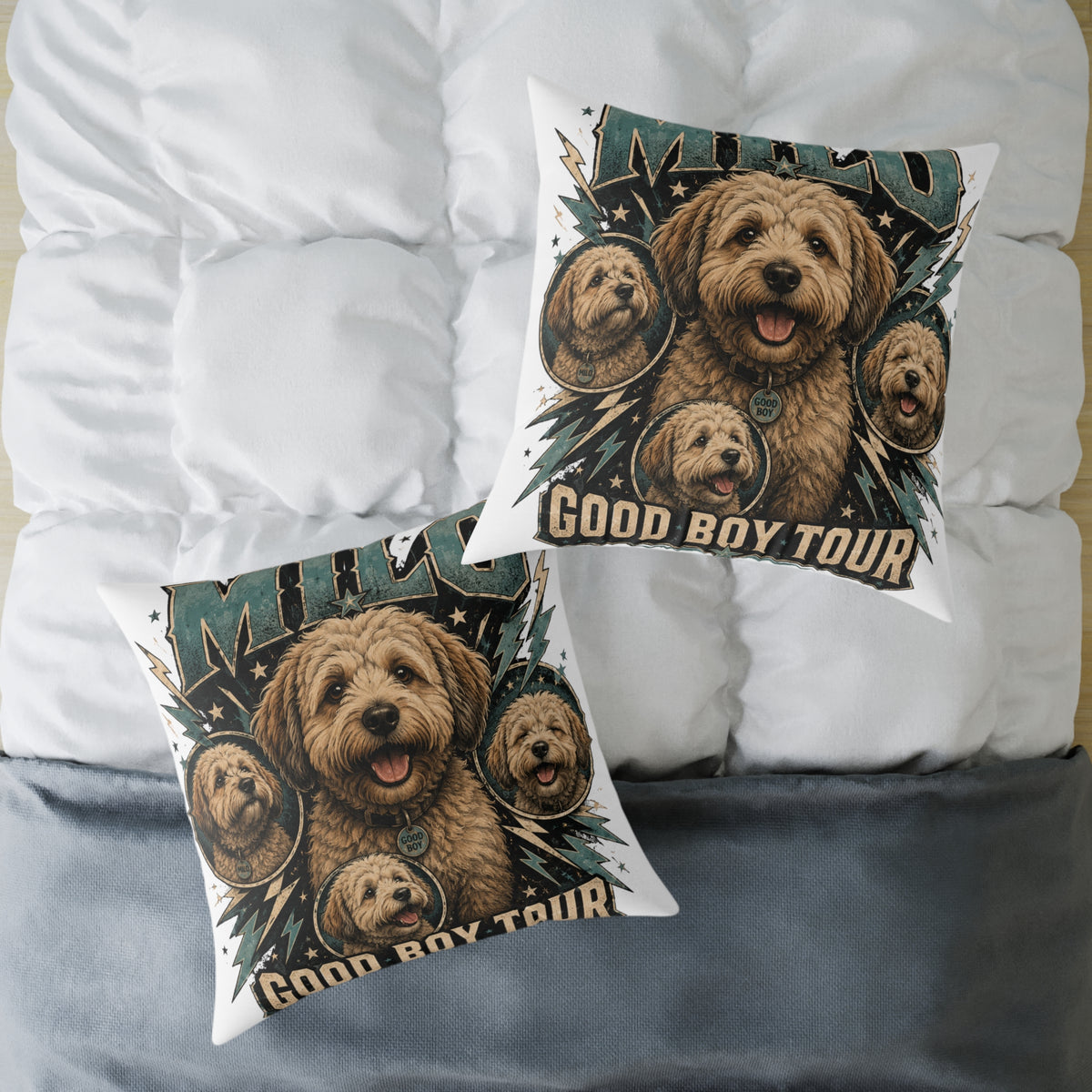Milo Golden Doodle Band Tour Square Pillow  Milo Bailey Dog Dad Mom— Retro Dog Portrait Decorative Throw