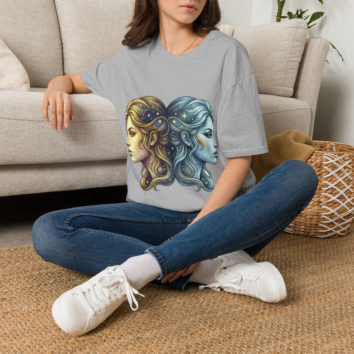Zodiac Gemini Sun & Moon T-Shirt — Dual Faces Cosmic Design