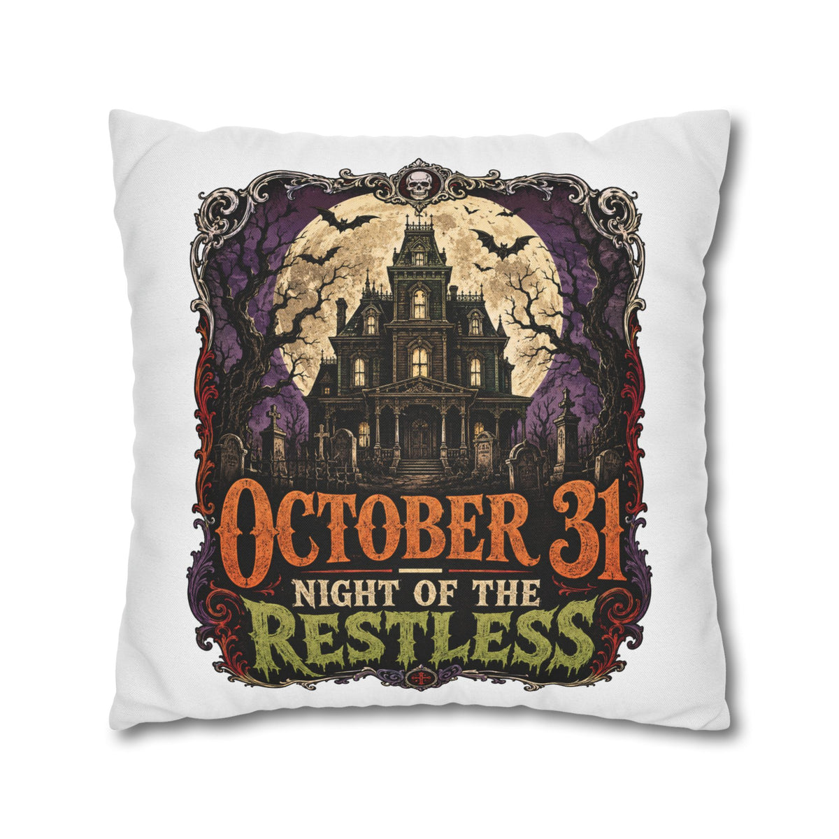 Halloween Pillowcase — "October 31 Night of the Restless" Haunted House Throw Pillow