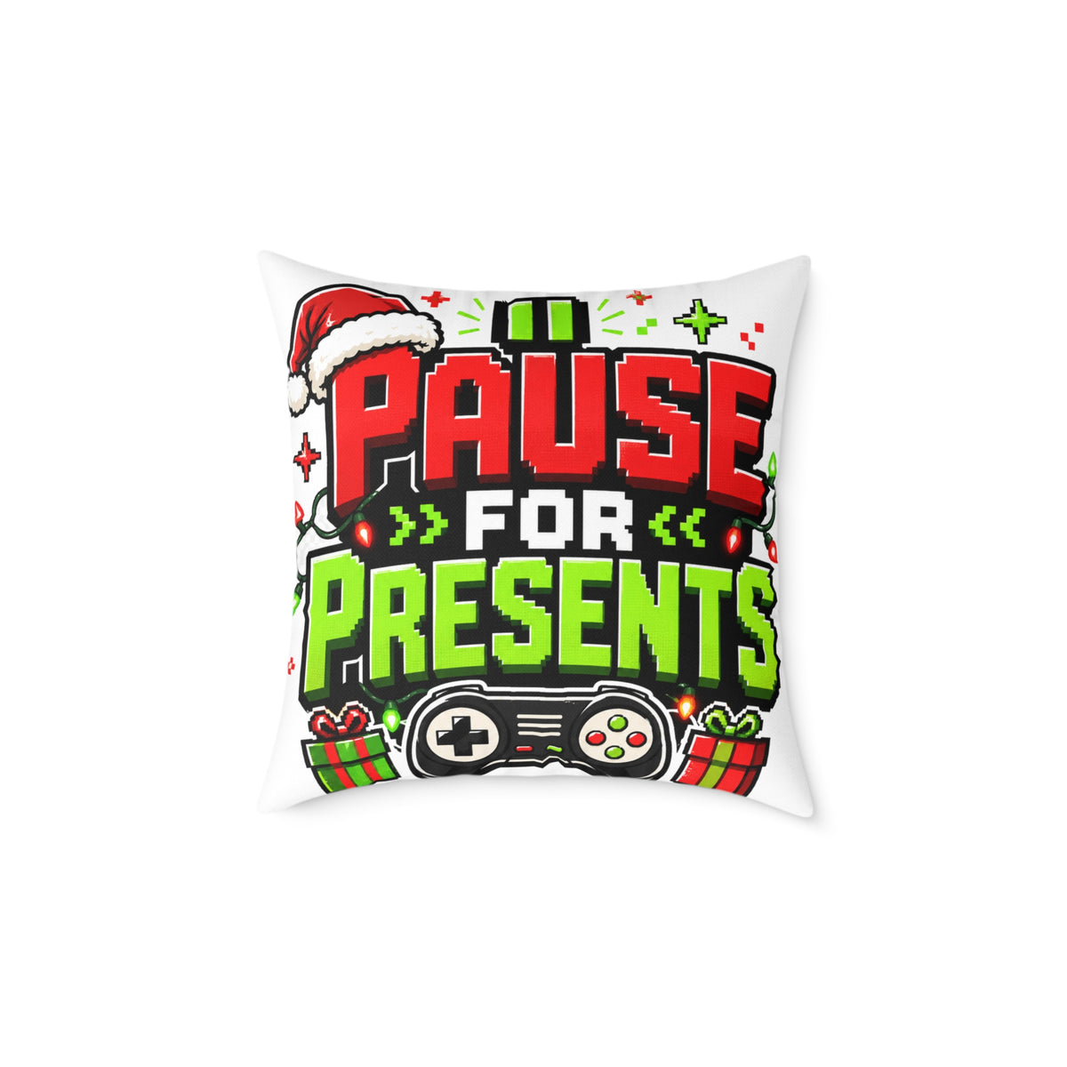 Modern Day Christmas Holiday Gamer Pillow — "Pause for Presents" Christmas Gaming Throw Pillow