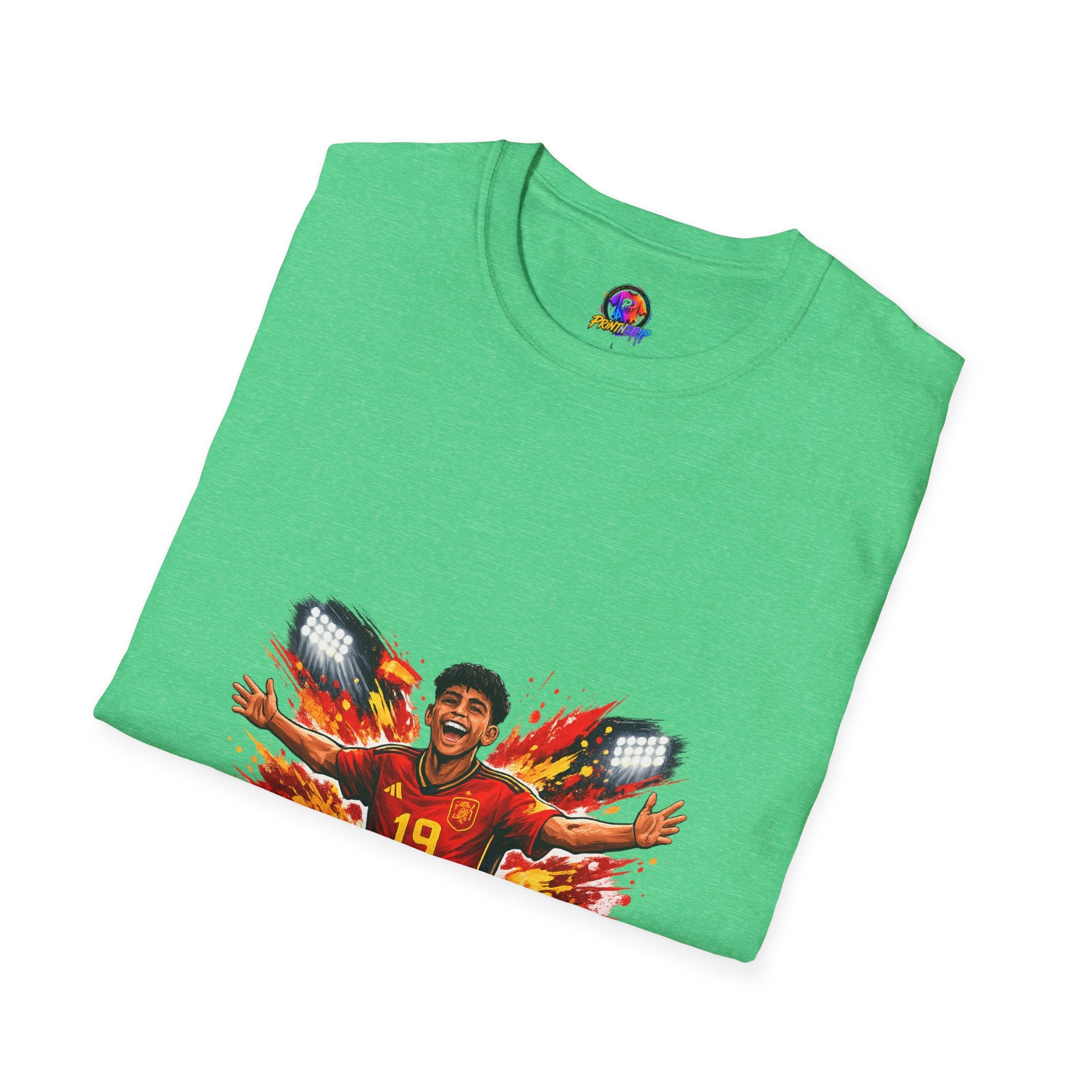 Spain Soccer Fan Portrait T‑Shirt – Fiery Goal Celebration Design