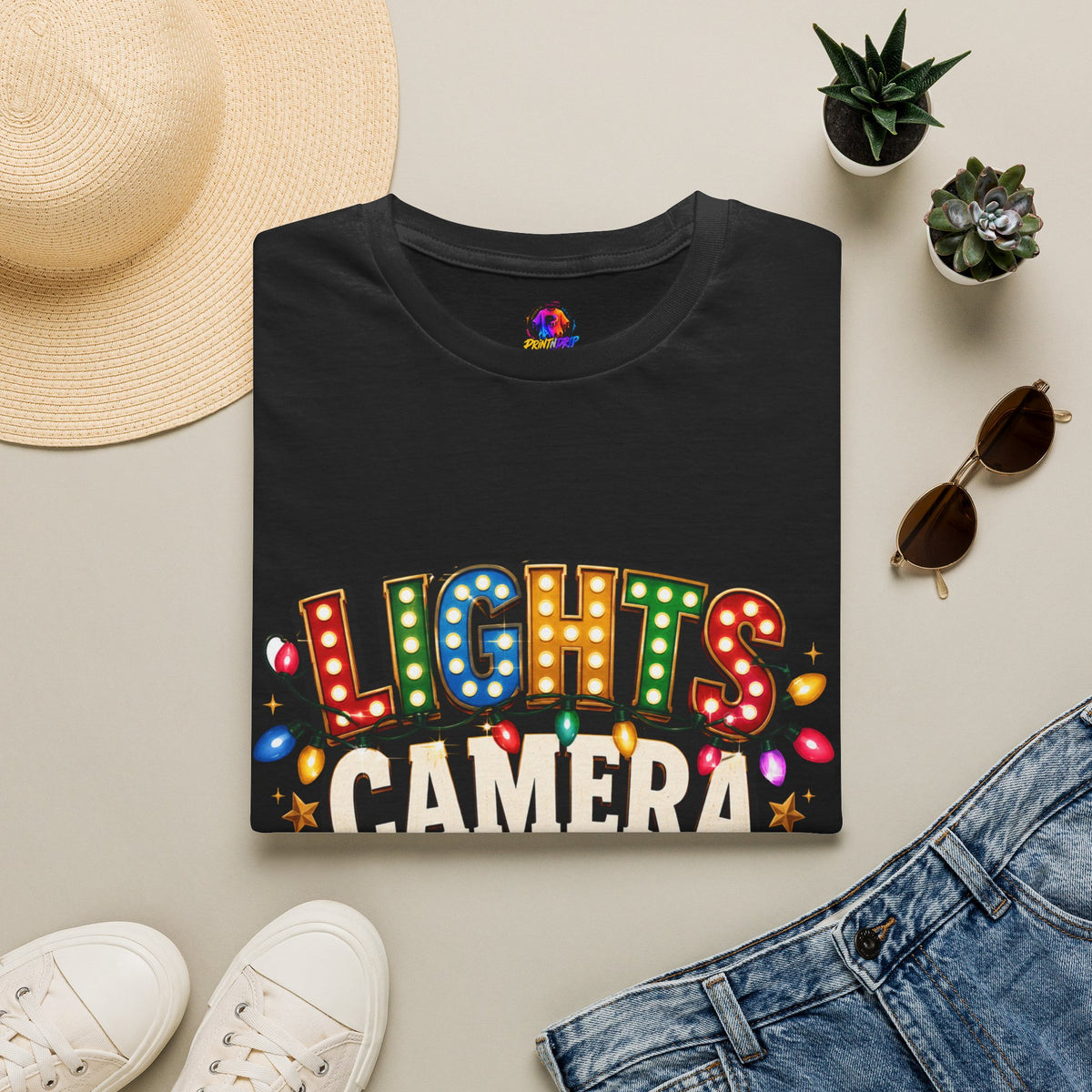 Lights Camera Christmas T-Shirt — Retro Marquee Holiday Tee