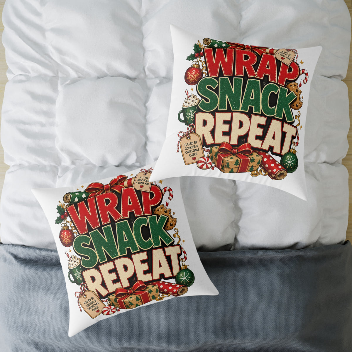 Christmas Holiday Pillow - "Wrap Snack Repeat" Christmas Decorative Throw Pillow