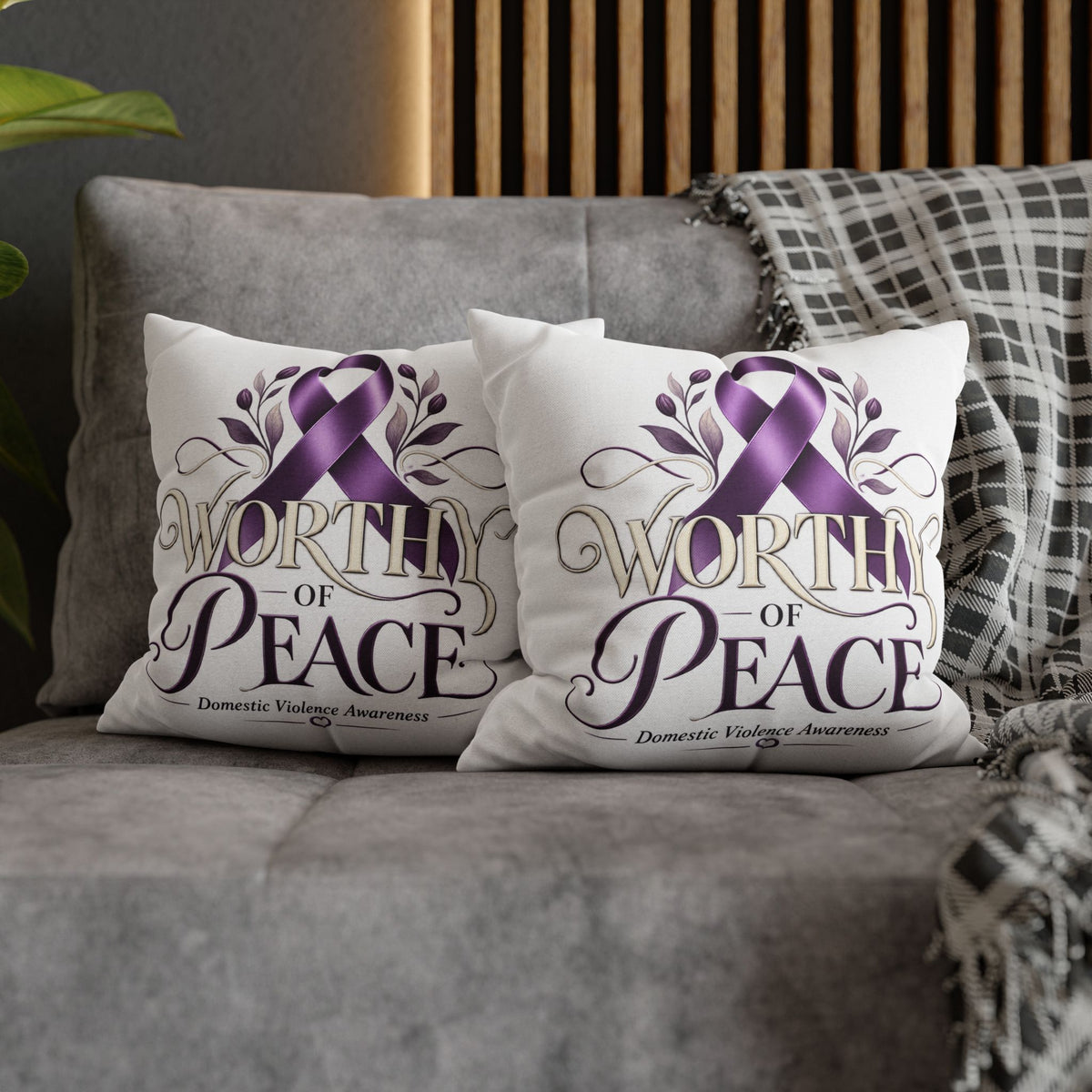 Worthy of Peace Purple Ribbon Pillowcase — Domestic Violence Awareness Throw Pillow
