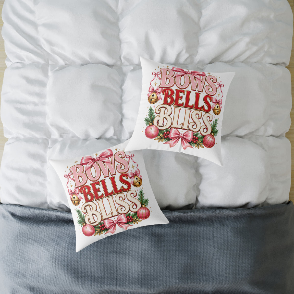 Christmas Bows Bells Bliss Square Poly Canvas Pillow