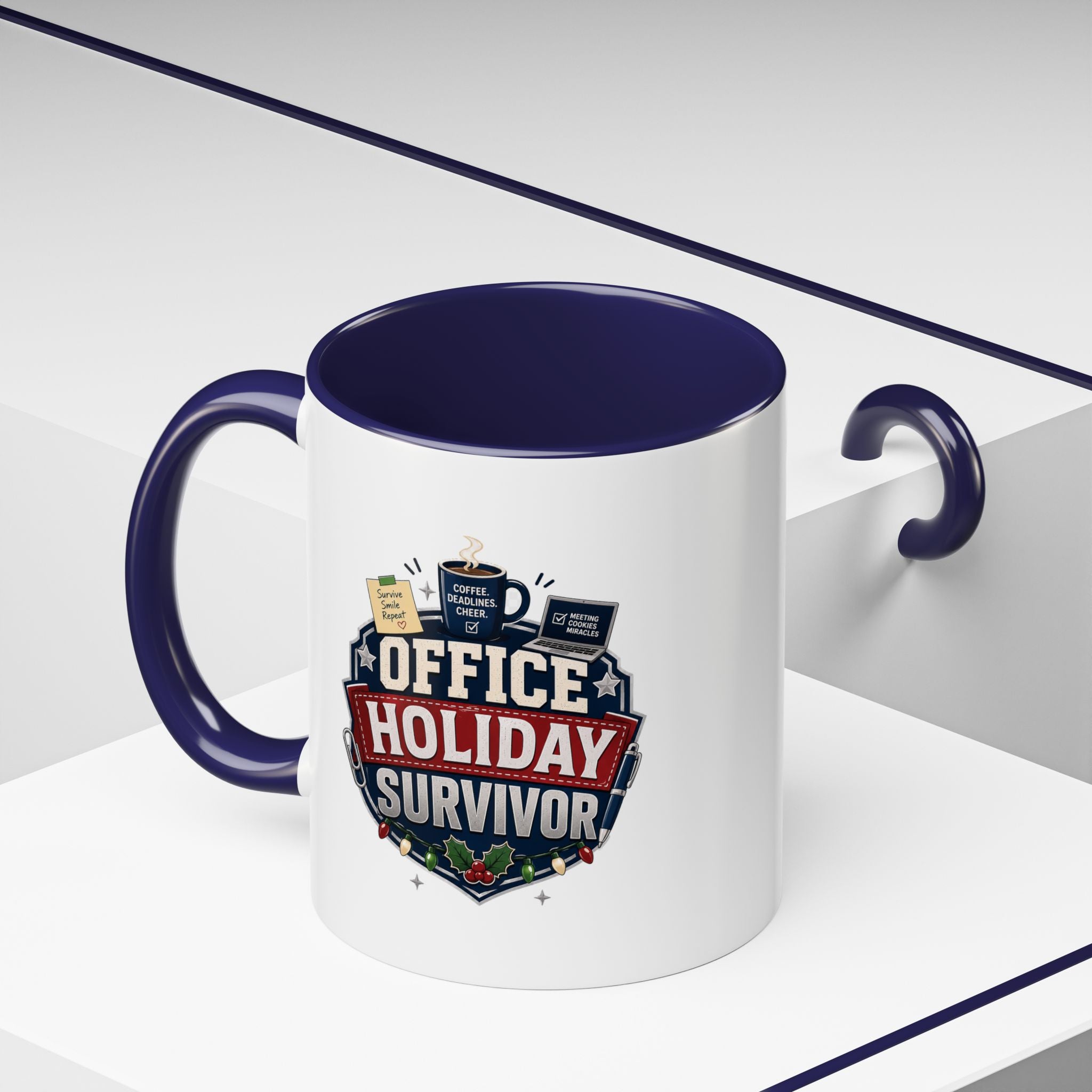 Modern Day Christmas Office Holiday Survivor Accent Coffee Mug – Funny Christmas Office Gift