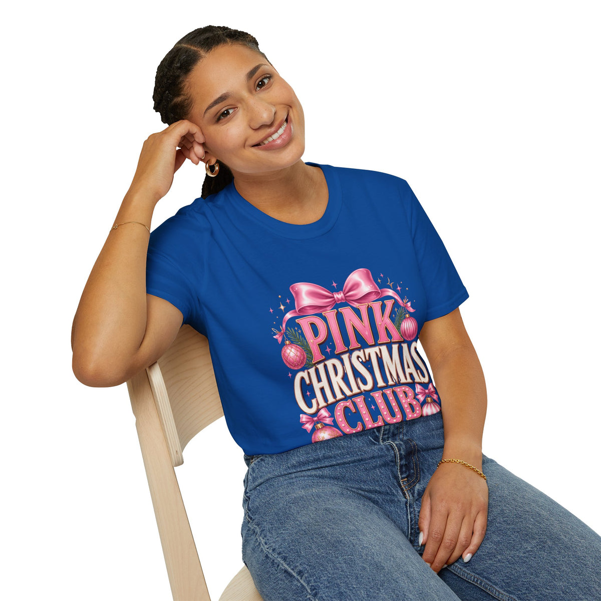 Pink Christmas Club T-Shirt — Womens Festive Holiday Tee with Bow & Ornaments