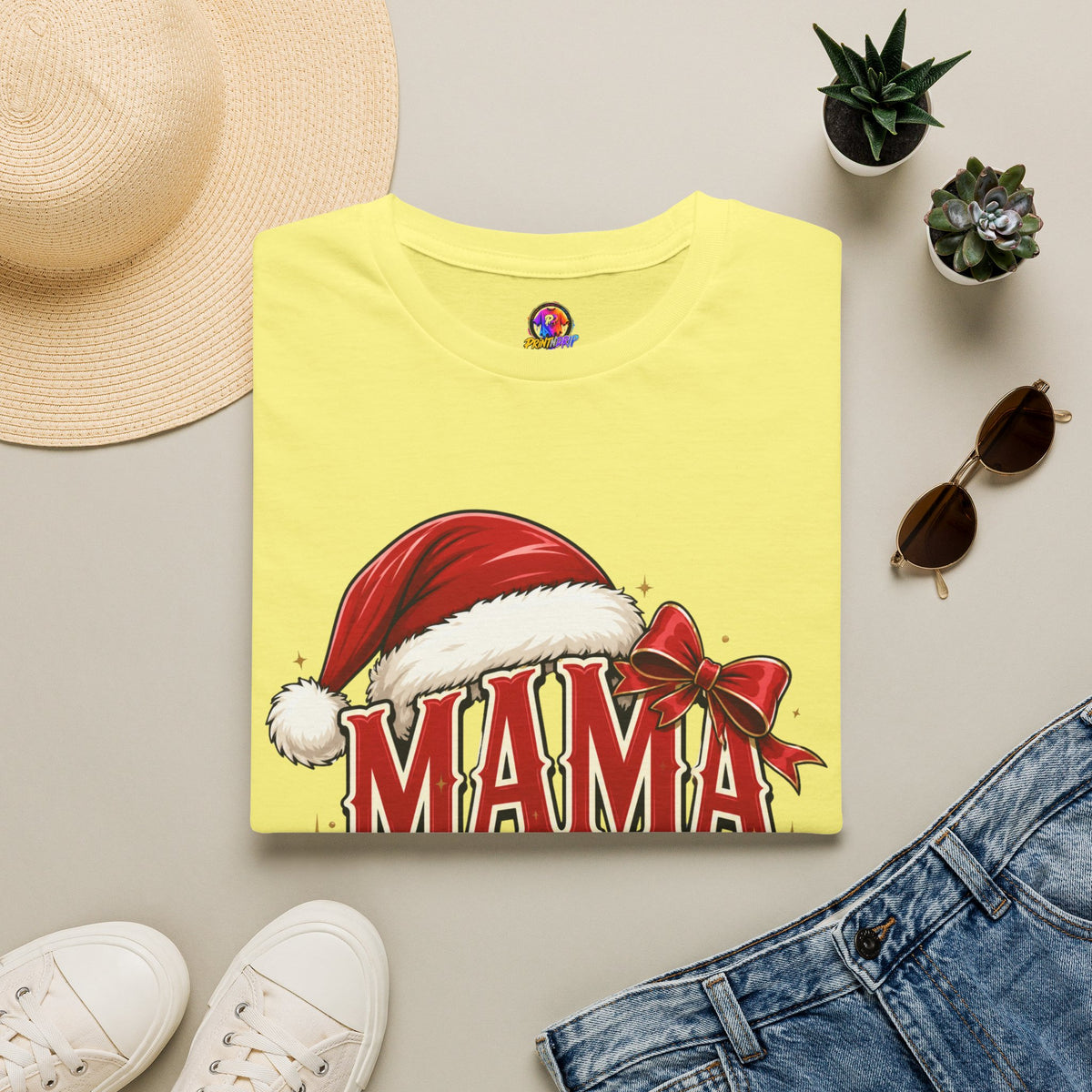 Mama Claus T-Shirt — Festive Christmas Mom Tee with Santa Hat & Bow