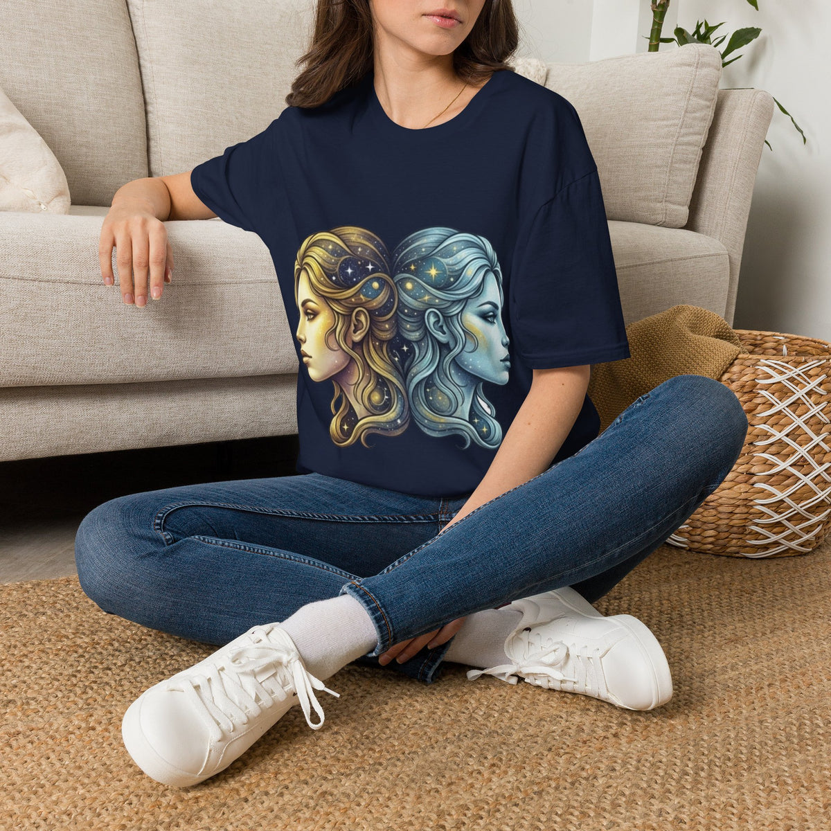 Zodiac Gemini Sun & Moon T-Shirt — Dual Faces Cosmic Design