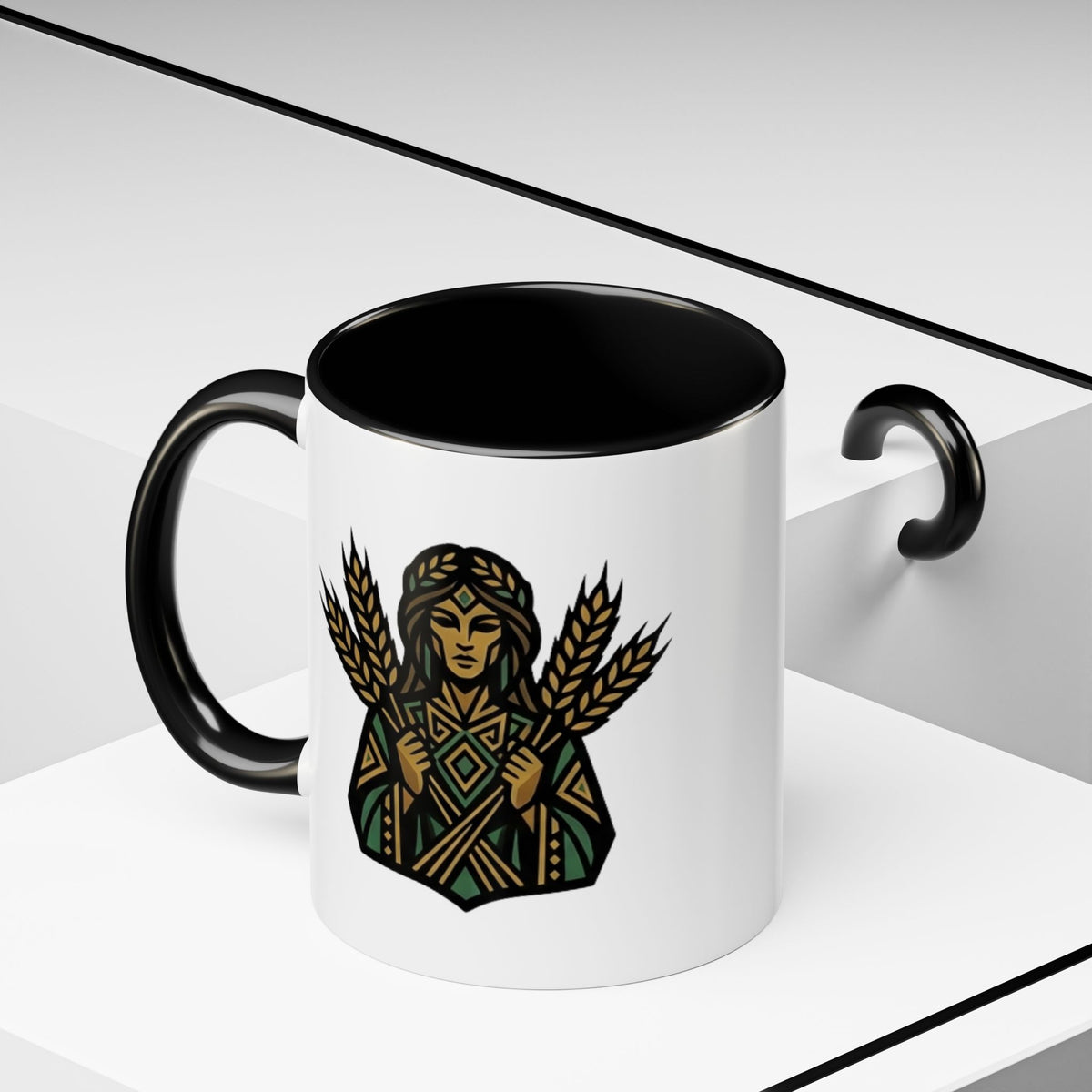 Virgo Zodiac Harvest Goddess Accent Coffee Mug — Rustic Wheat & Earthy Green Tribal Design
