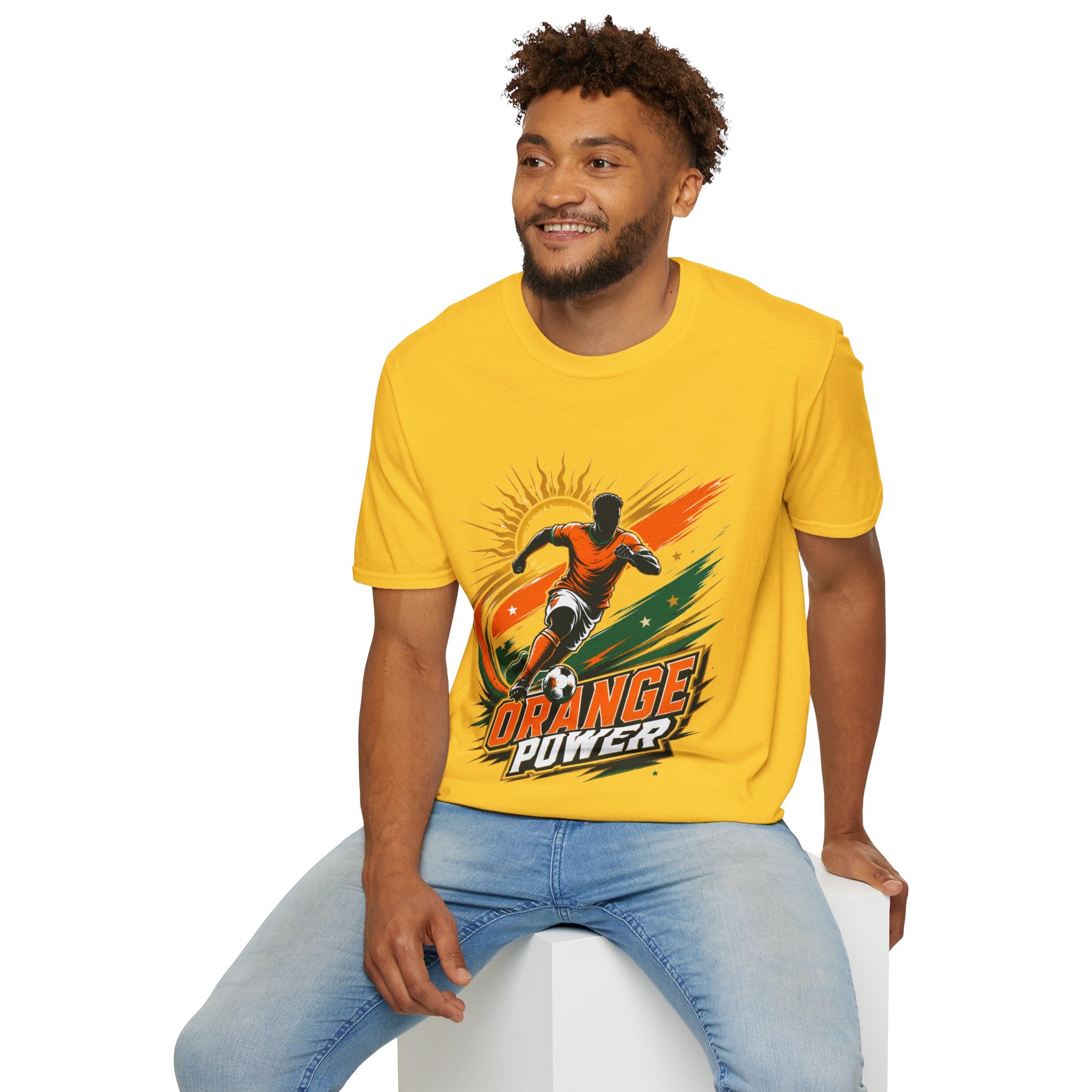 Côte d'Ivoire Orange Power Soccer T-Shirt — Dynamic Player Graphic Tee