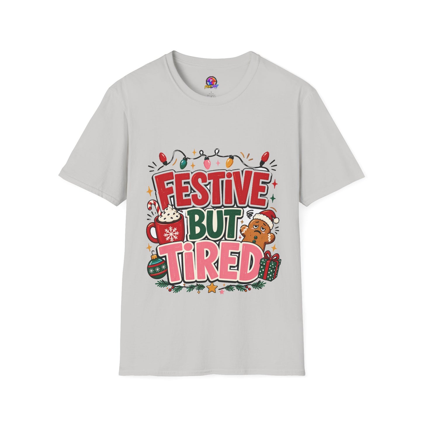 Festive But Tired T-Shirt — Holiday Christmas Crew Tee with Lights & Gingerbread