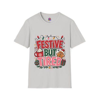 Festive But Tired T-Shirt — Holiday Christmas Crew Tee with Lights & Gingerbread