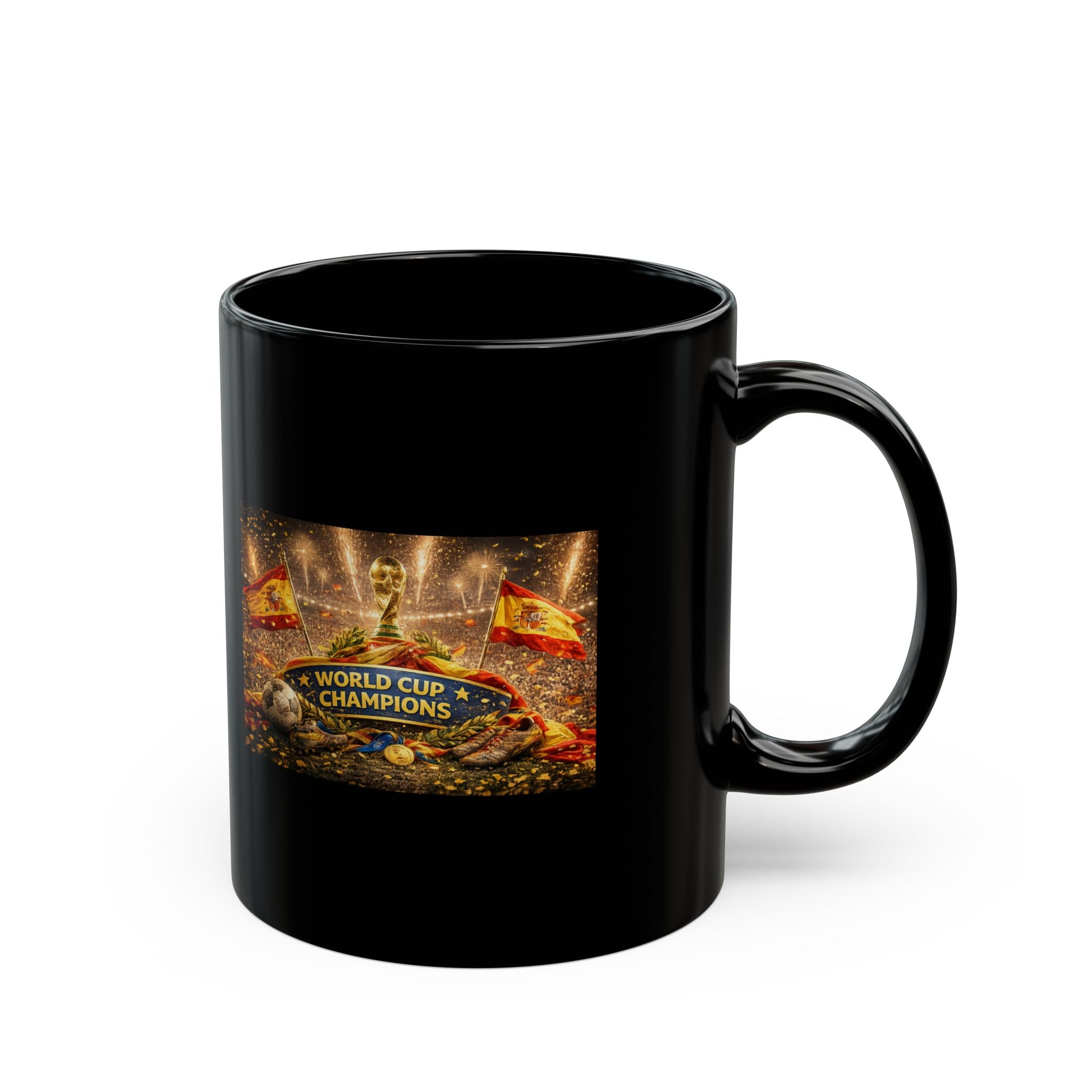 World Cup Champions Black Mug — Soccer Trophy Celebration Coffee Cup
