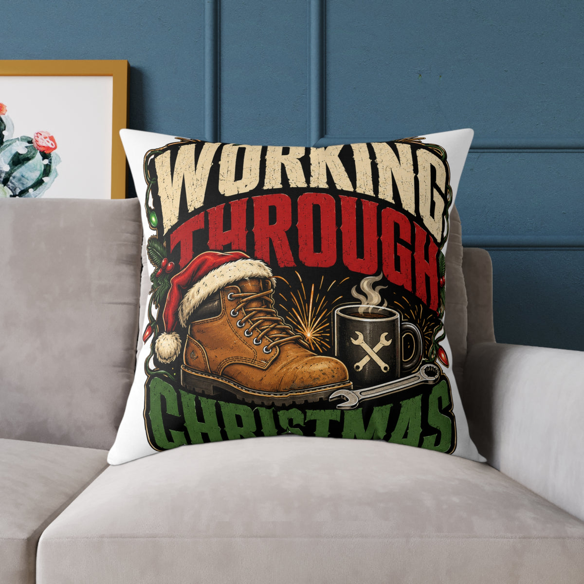 Working Through Christmas Modern Day Christmas Decorative Pillow — Holiday Boot & Coffee Throw Pillow