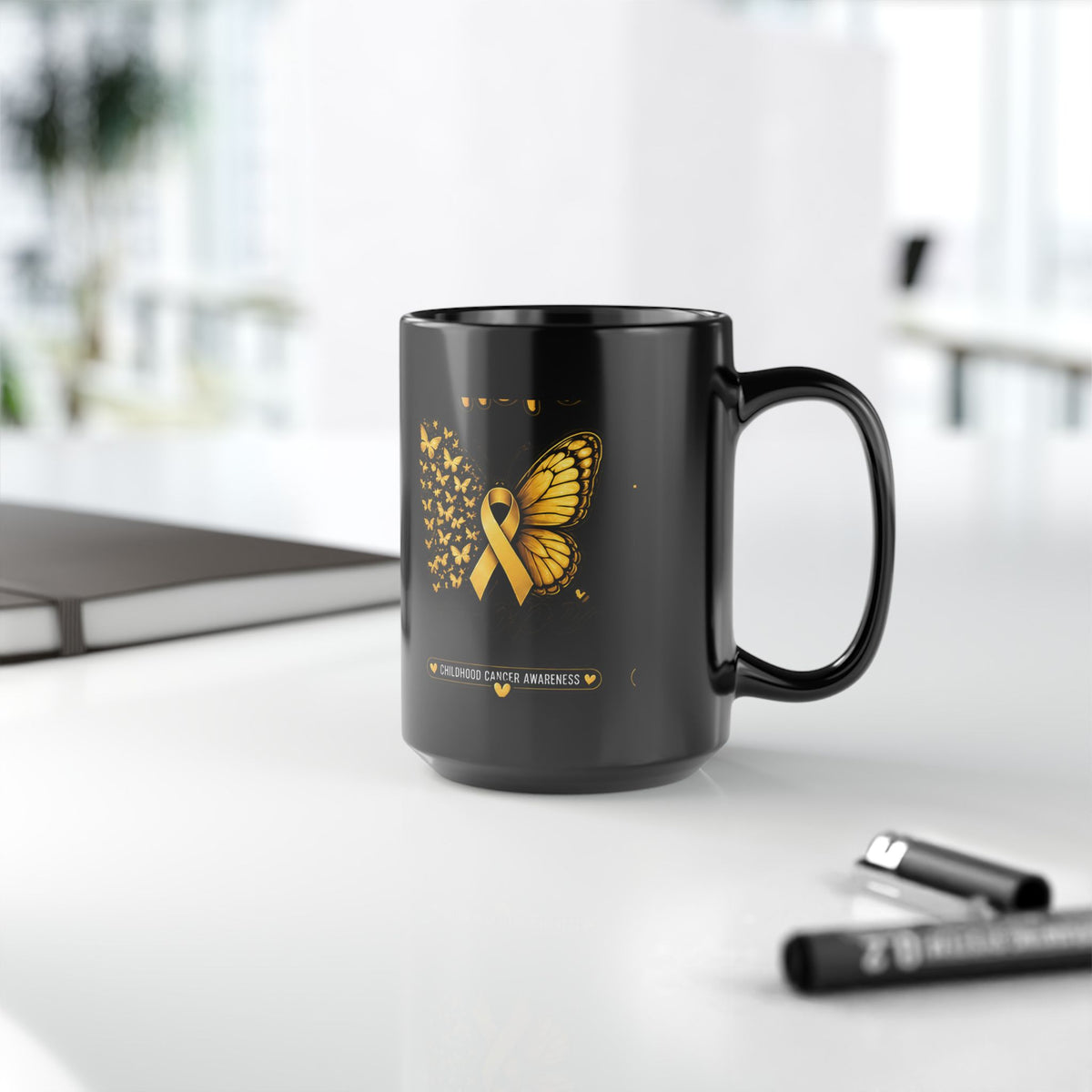 Childhood Cancer Awareness Mug — Gold Ribbon Butterfly Black Coffee Cup (11oz, 15oz)