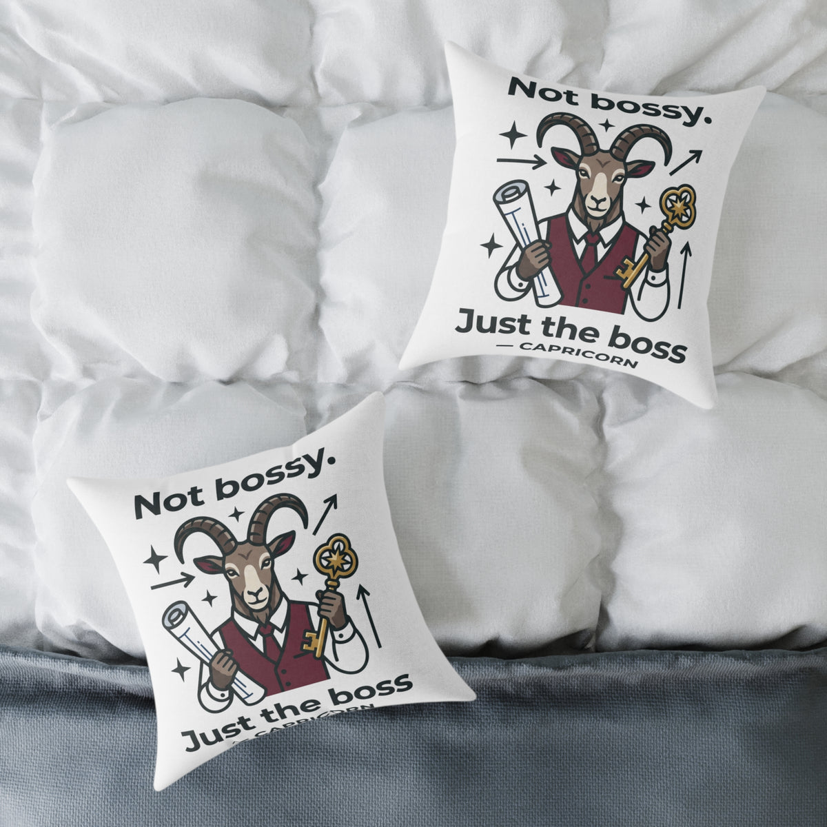 Capricorn Square Throw Pillow — “Not Bossy. Just the Boss” Goat Illustration