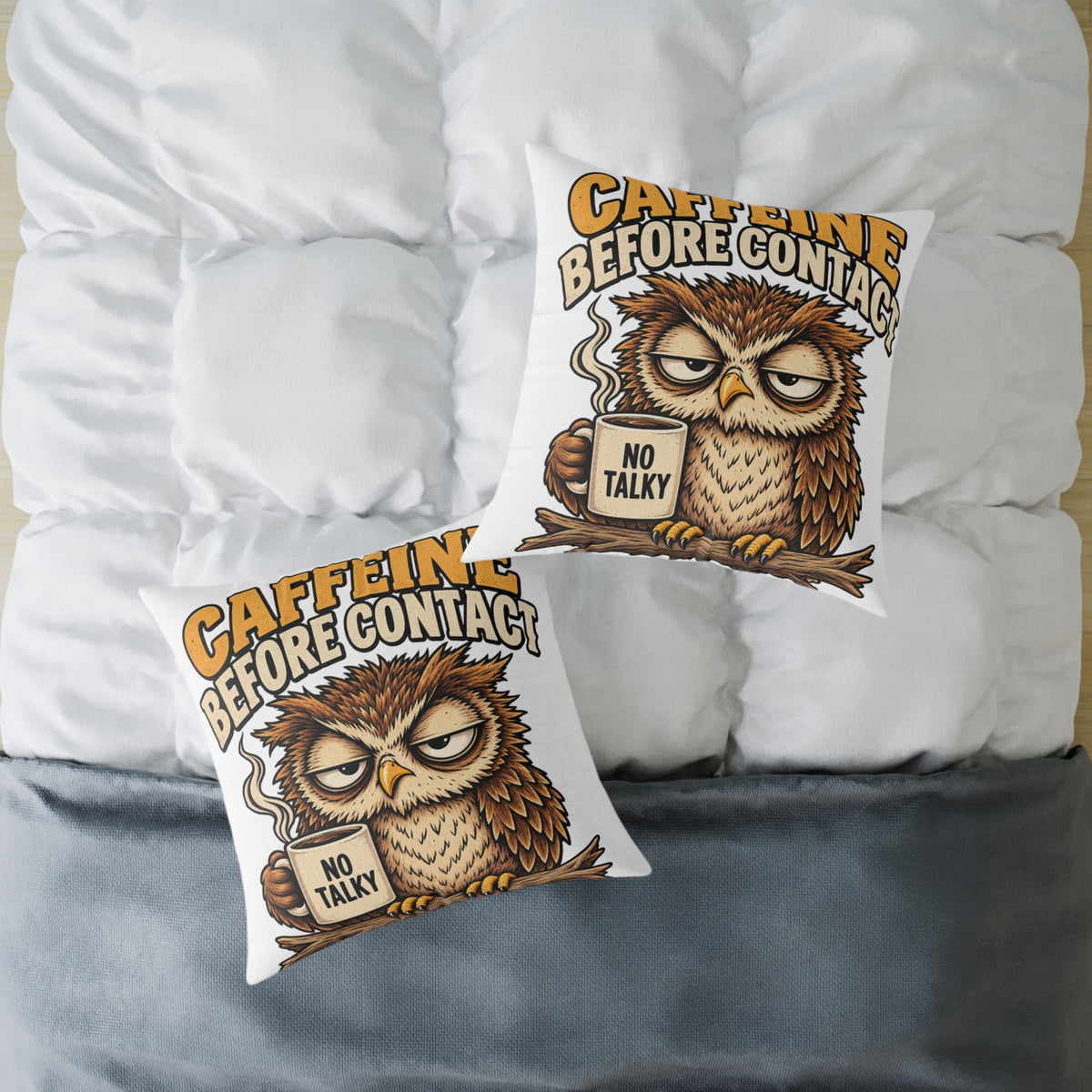 Caffeine Before Contact Owl Pillow — Funny Coffee Mug Graphic Throw Pillow