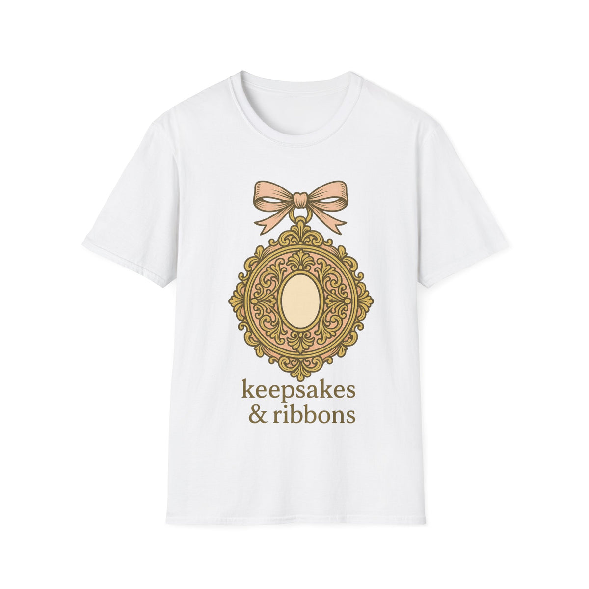 "Keepsakes & Ribbons" Vintage Oval Frame Tee - Cottagecore Coquette Bow White T-Shirt - Trending Now - September 2026