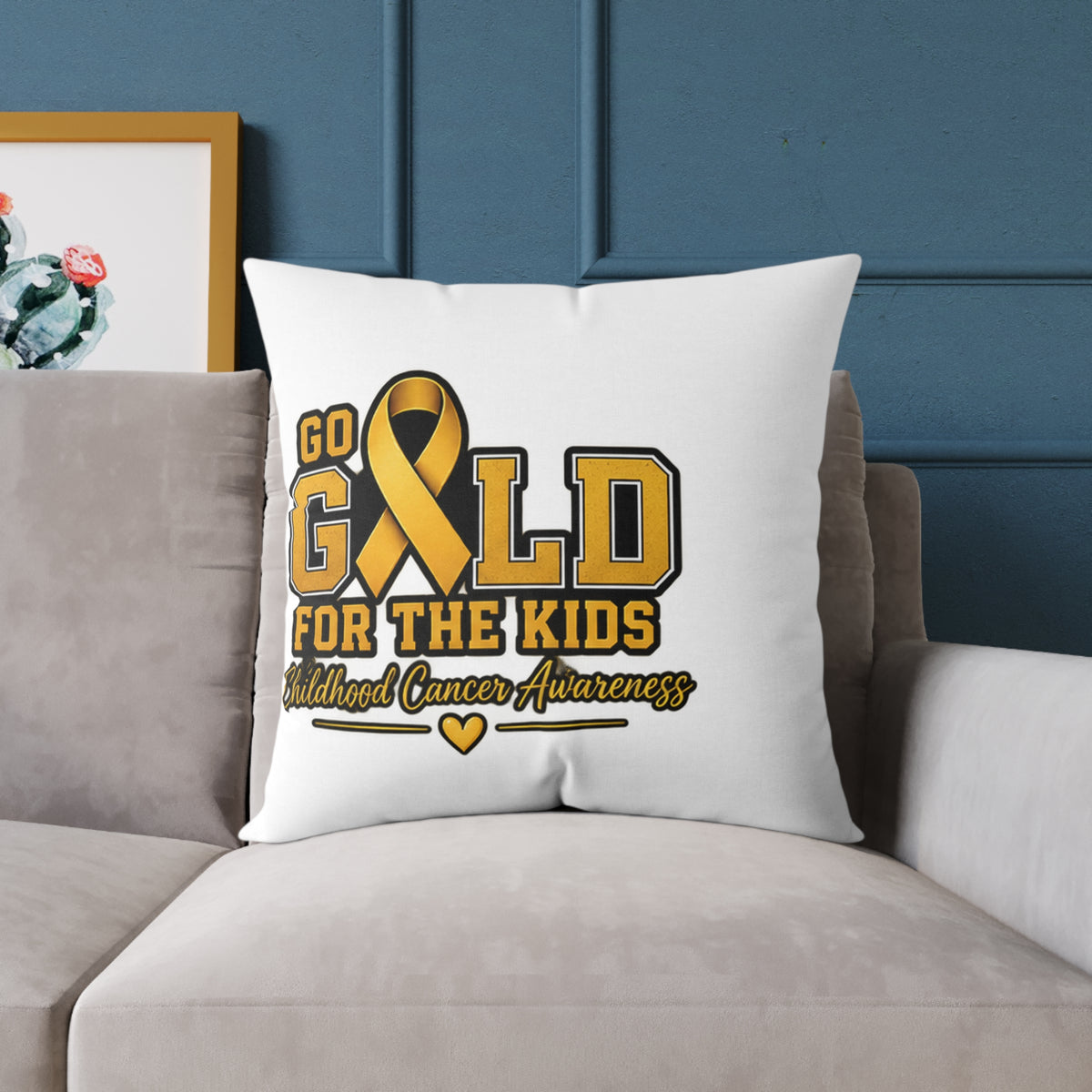 Go Gold For The Kids Pillow — Childhood Cancer Awareness Square Throw Pillow