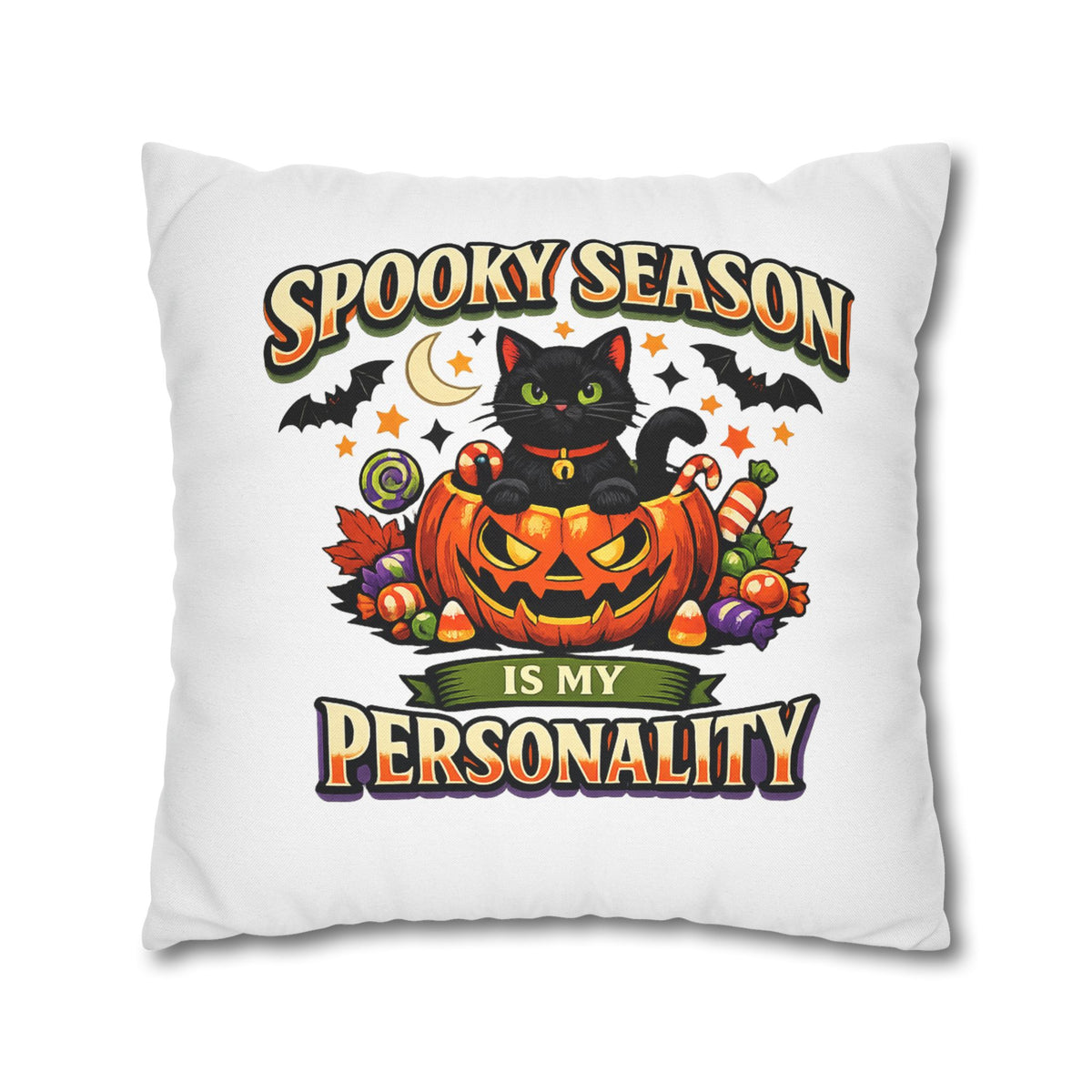 Halloween Pillowcase — "Spooky Season Is My Personality" Black Cat Pumpkin Decorative Pillow