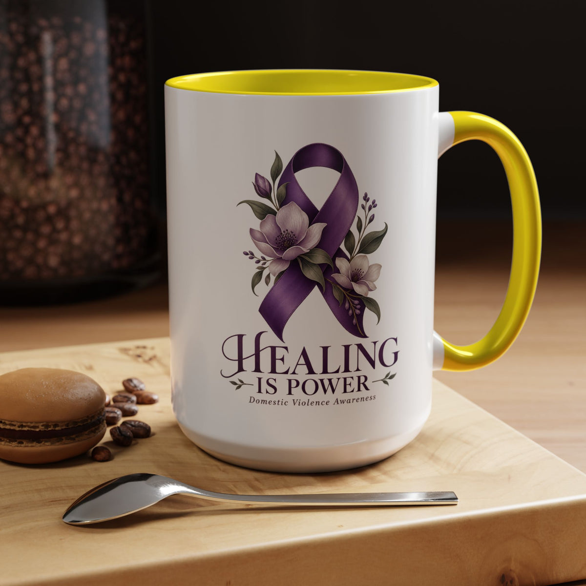 Healing Is Power Purple Ribbon Coffee Mug — Domestic Violence Awareness Accent Mug (11/15oz)
