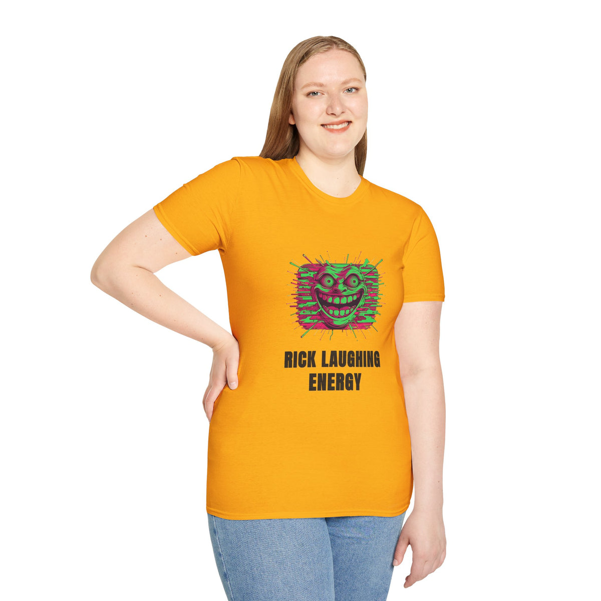 T-Shirt — 'Rick Laughing Energy' Neon Glitch Graphic - Trending Now - August 2026