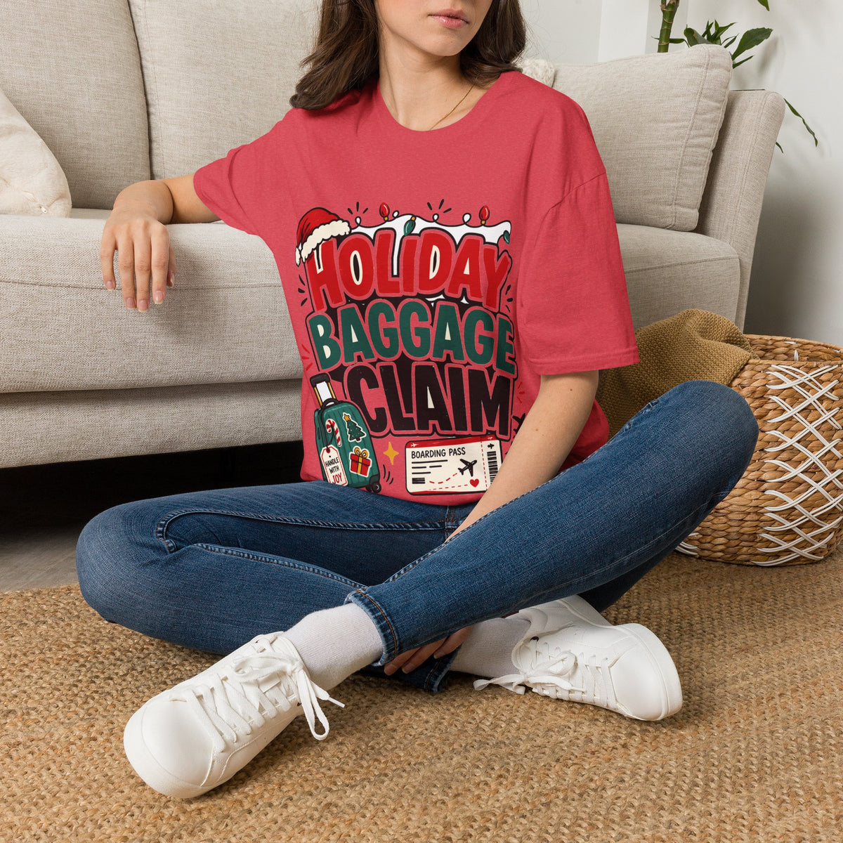 Holiday Baggage Claim T-Shirt — Funny Christmas Vacation Tee with Santa Hat & Lights