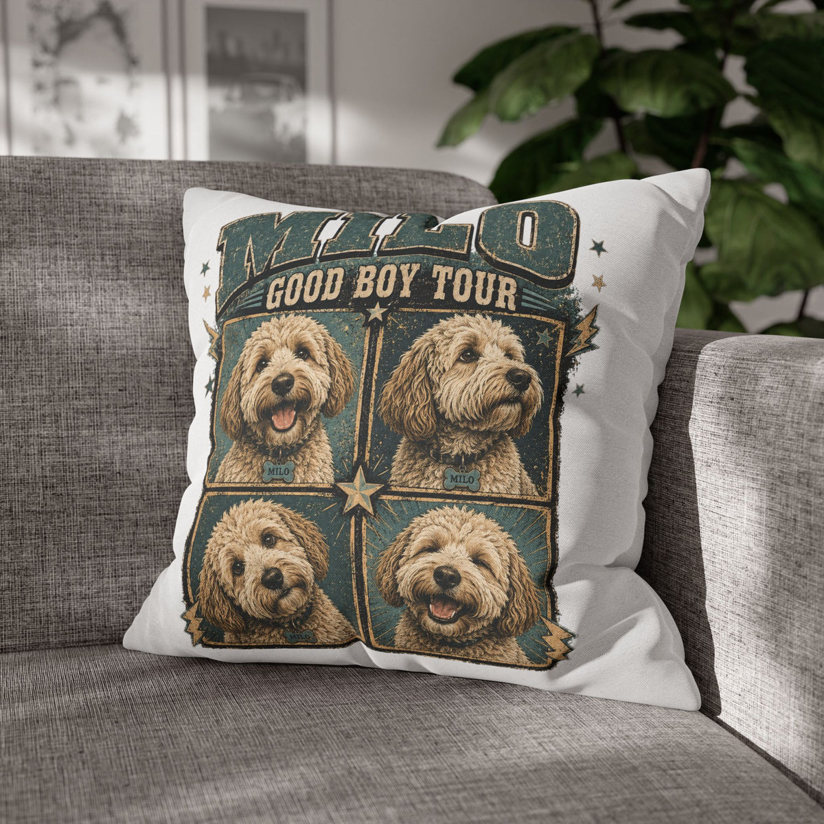 Dog Pillowcase— "MILO Good Boy Tour" Spun Polyester Throw Pillowcase Milo Bailey Dog Dad Mom
