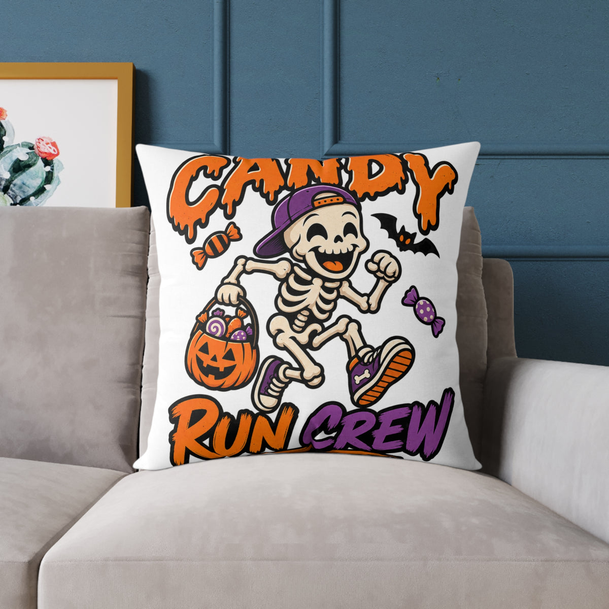 Candy Run Crew Halloween Pillow — Skeleton Trick-or-Treat Decorative Throw Pillow