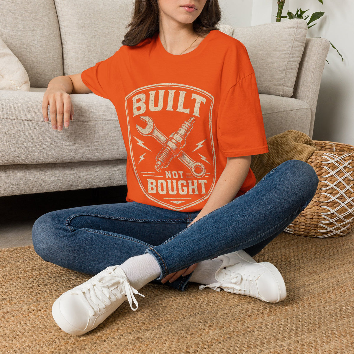Built Not Bought T-Shirt — Vintage Mechanic Wrench & Spark Plug Design