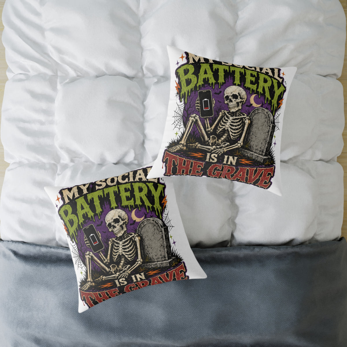 Halloween Skull Pillow — “My Social Battery Is In The Grave” Gothic Decorative Throw Pillow