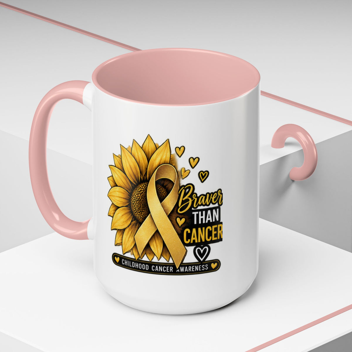 Childhood Cancer Awareness Mug — "Braver Than Cancer" Sunflower & Gold Ribbon