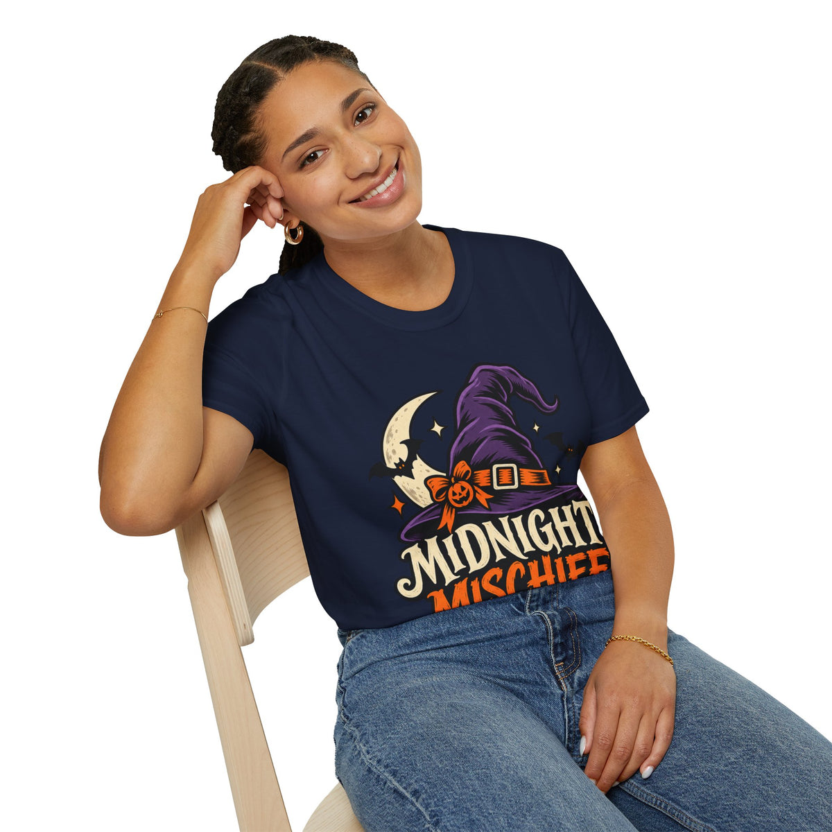Midnight Mischief Halloween T-Shirt — Witch Hat & Bats Graphic