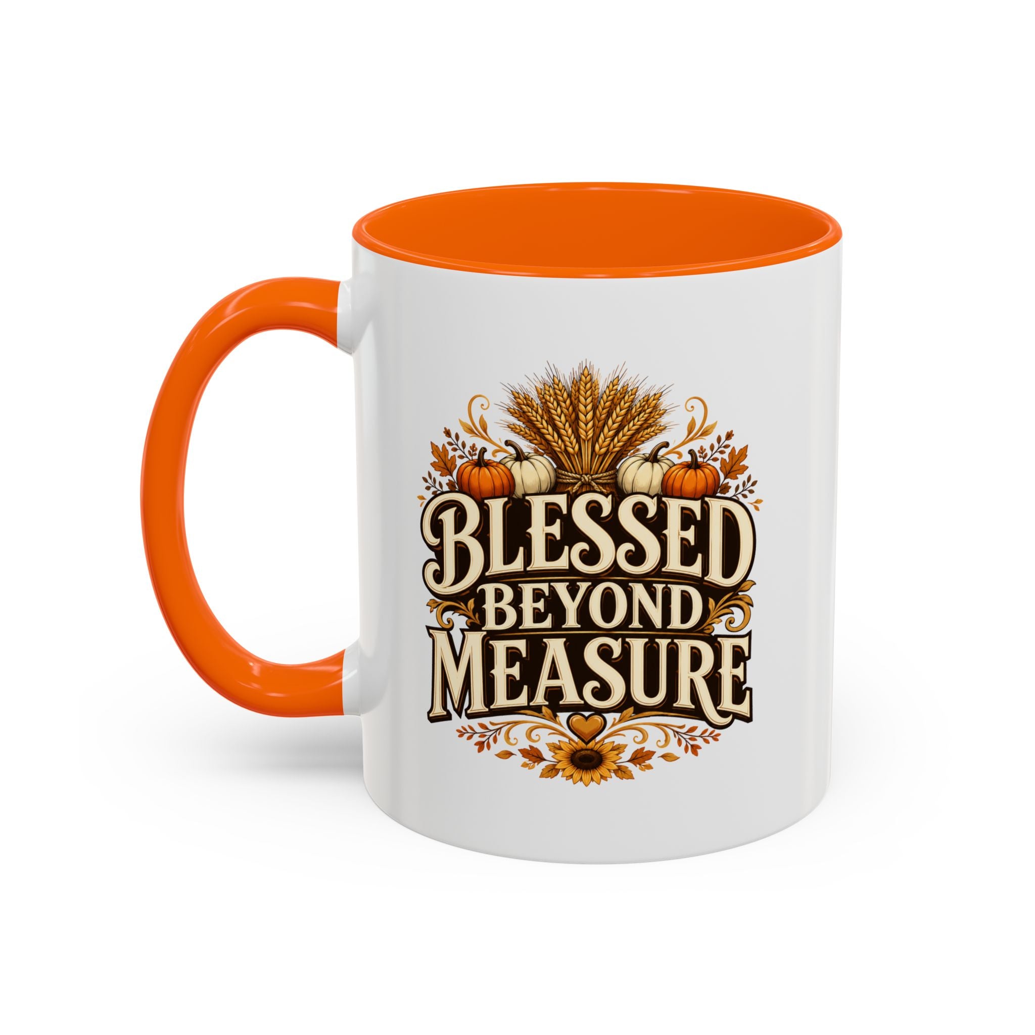Thanksgiving Mug Blessed Beyond Measure Accent Coffee Mug — Fall Pumpkin & Wheat Autumn Faith Mug