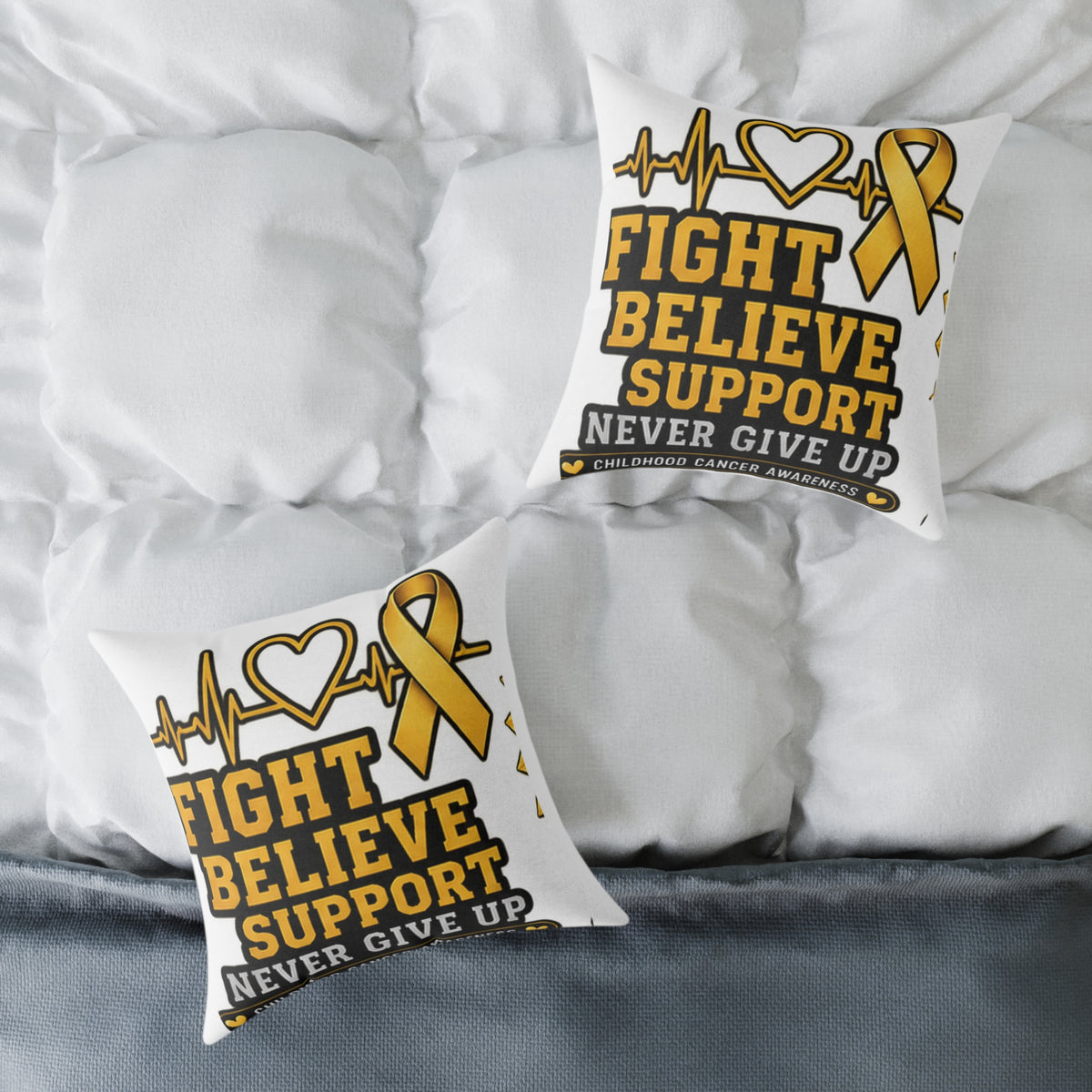 Childhood Cancer Awareness Pillow - "Fight Believe Support Never Give Up" Gold Ribbon Accent